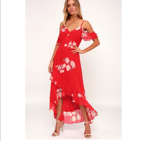 Lulu’s Love in bloom red floral print off the shoulders high low dress - Picture 3 of 5